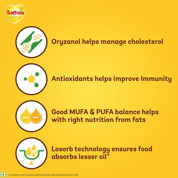 Saffola Gold Refined Cooking oil | Blend of Rice Bran & Sunflower oil | Helps Keeps Heart Healthy | 1 Litre jar