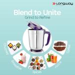 Longway Mix Pro 550 Watt Mixer Grinder with 4 Jars for Grinding, Mixing, Blending, Juicing with Powerful Motor (Purple, 4 Jars)