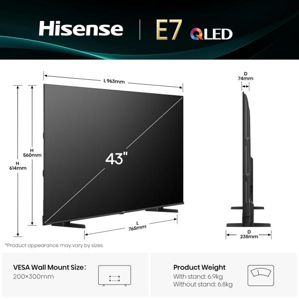 Hisense 108 cm (43 inches) E7Q Series 4K Ultra HD Smart QLED TV 43E7Q (Black)