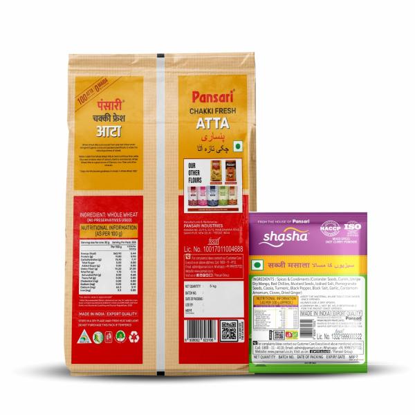 Pansari Chakki Fresh Atta 5 Kg With Free Sabzi Masala | MP Wheat Flour