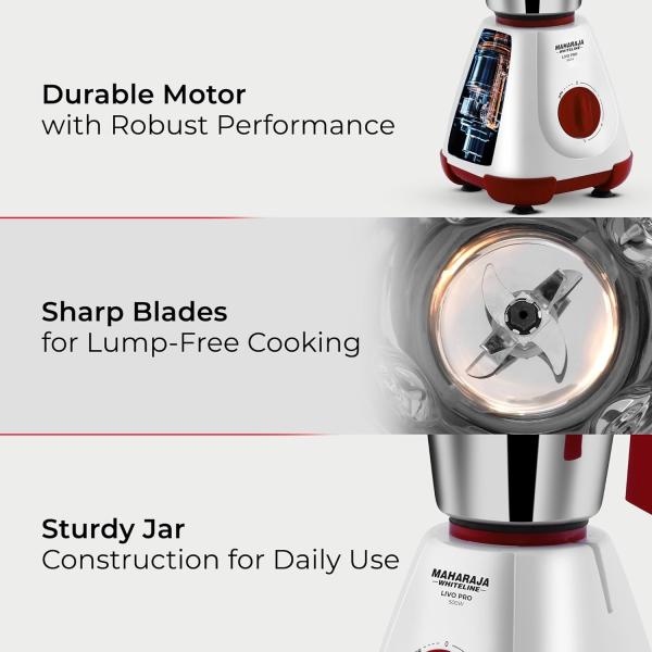 Maharaja Whiteline 500W Livo Pro Mixer Grinder with 3 Stainless Steel Jars with lid and 20,000 RPM Motor Speed (White & Cherry Red)