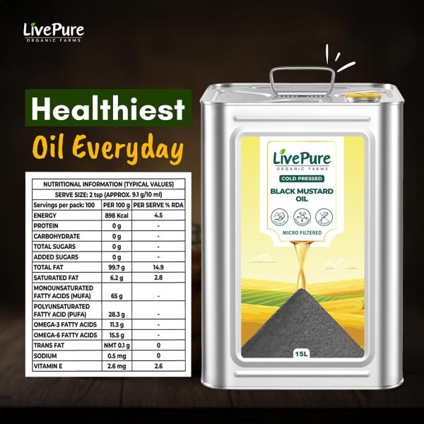 Livepure Organic Farms- Cold Pressed Mustard Oil (15L Tin), Mustard Oil Cold Pressed