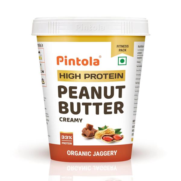 Pintola HIGH Protein ORGANIC JAGGERY Peanut Butter Creamy 1kg with 33g Protein & 7g Fiber, Whey Protein Peanut Butter, Gluten Free, Zero Added Salt, Cholesterol Free, 100% Roasted Peanuts