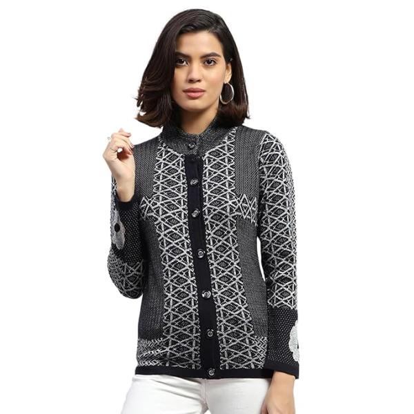 Monte Carlo Womens Self Design Round Neck Full Sleeve Cardigan