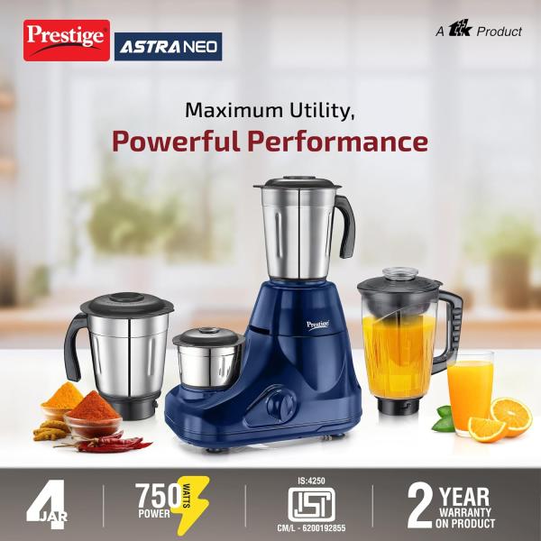 Prestige Astra Neo 750 Watt Mixer Grinder with 4 Jars (3 Stainless Steel + 1 Juicer) | Space-Saving Stacking Design | Super Efficient SS Blades | Blue |2Y Warranty | ISI Certified