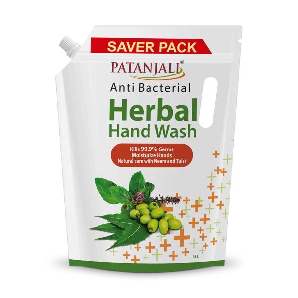 Patanjali Herbal Hand Wash (Anti-Bacterial) 1.5 L Refill, Enriched with Neem & Aloe Vera,