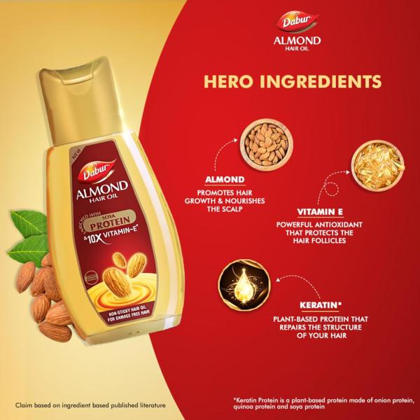 Dabur Almond Hair Oil - 580ml(290ml*2) | Provides Damage Protection | Non Sticky Formula | For Soft & Shiny Hair | With Almonds, Keratin Protein, Soya Protein & 10X Vitamin E