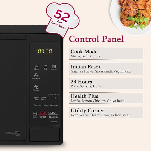 LG 20 L Grill Microwave Oven (MH2044DB, Black, Quartz Heater, I-Wave Technology Indian Cuisine Auto Cook Menu, Steam Clean, Anti-Bacterial Cavity & Health plus Menu)
