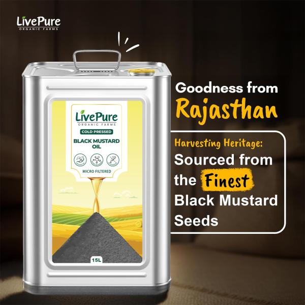 Livepure Organic Farms- Cold Pressed Mustard Oil (15L Tin), Mustard Oil Cold Pressed
