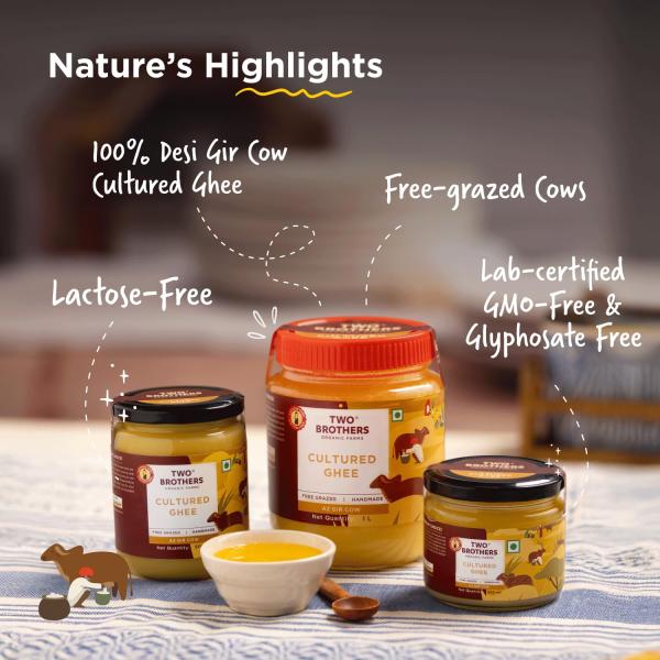 Two Brothers Organic Farms A2 Ghee (500 ml) |Glyphosate free|Free-grazed, Desi Gir Cows|