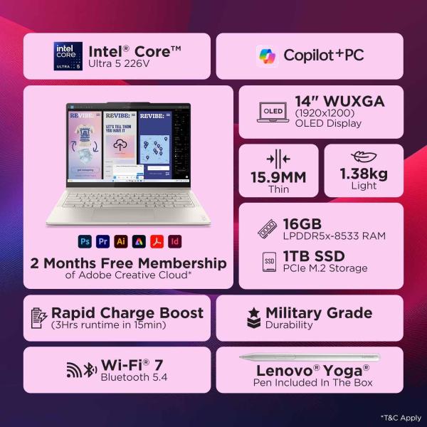 Lenovo Yoga 7 2-in-1 Intel Core Ultra 5 226V,Copilot+ AI PC(16GB RAM/1TB SSD/14(35.5cm)/WUXGA OLED/40 Tops/Win 11/Office Home 2024/Yoga Pen/1Yr ADP/Seashell/1.38Kg)