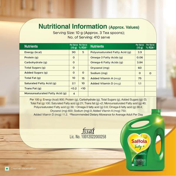 Saffola Tasty + | 50% More Oryzanol | Edible Oil - 4.10kg Jar