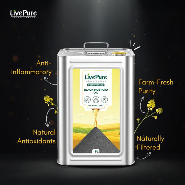 Livepure Organic Farms- Cold Pressed Mustard Oil (15L Tin), Mustard Oil Cold Pressed