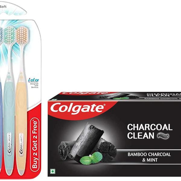 GROCERY  Colgate Adult Gentle Enamel Ultra Soft Bristles Manual Toothbrush 4 Pcs (Buy2 Get 2) & Colgate Charcoal Clean Black Gel Toothpaste, Pack Of 240G (120G X 2)