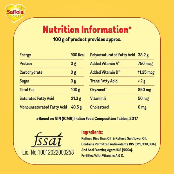 Saffola Gold Refined Cooking oil | Blend of Rice Bran & Sunflower oil | Helps Keeps Heart Healthy | 1 Litre jar