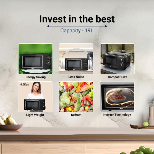Haier 19 L Inverter Technology, Light Weight, Defrost, 5 Power Levels Solo Microwave Oven (HIL1901MBPB, Black)