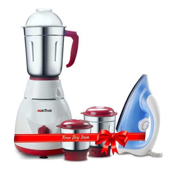 Activa Pluto 3 Jar 600 Watt Mixer Grinder With Coral 750 Watt Dry Iron come with 2 year warranty