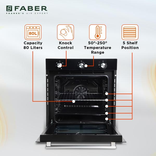 Faber 80L Built-In Black Finish Oven Push/Pull Knob Control with Digital Display 6 Cooking Functions with Rotisserie Grill Rack Universal Pan Free 1 Year Extended warranty