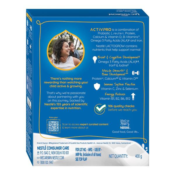 Nestle LACTOGROW Nutritious Milk Drink Powder | Biscuity Vanilla Flavour (2 - 6 Years), 400g, Bag-In-Box Pack