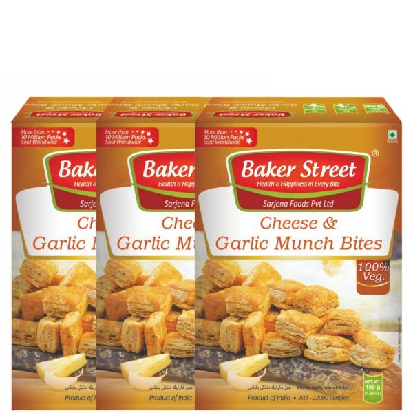 Baker Street Cheese Garlic Munch Bites 150g Khari Snacks Items In Fresh Healthy  (PACK OF 3)