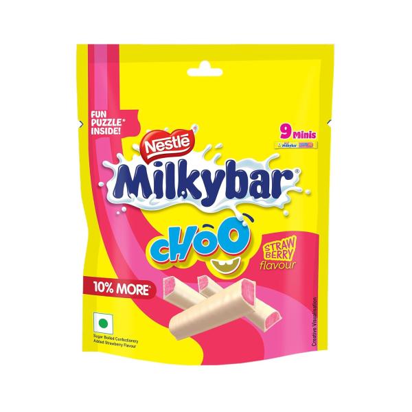 Milkybar Choo Strawberry Flavour Treats, Yummy & Creamy, Pack of 8/9 Mini Treats, Fun Puzzle Inside, 80g / 99g Pack (Product Weight May Vary)