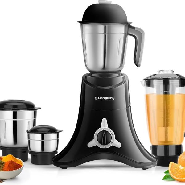 Longway Orion 900 Watt Juicer Mixer Grinder with 4 Jars for Grinding, Mixing, Juicing with Powerful Motor | 1 Year Warranty | (Black, 4 Jars)