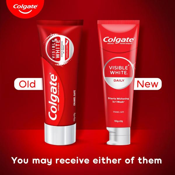 Colgate Visible White Toothpaste, Teeth Whitening Starts in 1 week, Safe on Enamel, Stain Removal Tooth Paste and Minty Flavour for Fresh Breath (100g + 20g)