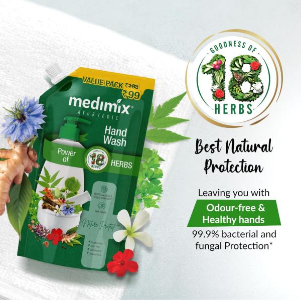 Medimix Ayurvedic 18 Herbs Hand Wash Refill For Soft & Odour-Free Hands 675ml | 99.9% Germ Protection | Shop Herbal | Natural | Soap-free | 100% Vegan