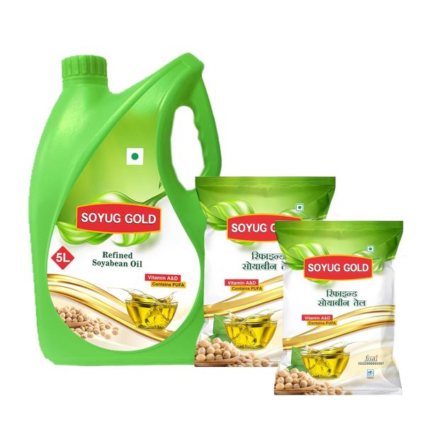 GROCERY Soyug Gold- Pure Refined Soyabean Oil, Best for Daily Kitchen Use (5 Litre Jar + Free 1-1 Litre 2 Pouch) 7 Ltr Combo Offer with Free Carry Bag