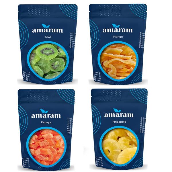 GROCERY  Amaram by Ghasitaram Pack of 4 Dried Kiwi, Pineapple, Papaya, Mango Pouches|Dryfruit Gift Hamper| grocery