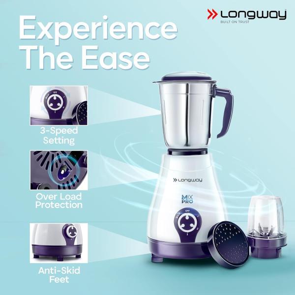 Longway Mix Pro 550 Watt Mixer Grinder with 4 Jars for Grinding, Mixing, Blending, Juicing with Powerful Motor (Purple, 4 Jars)