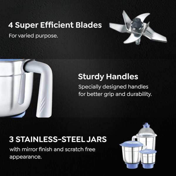 Prestige Iris 750 Watt Mixer Grinder with 3 Stainless Steel Jar + 1 Juicer Jar (White and Blue)