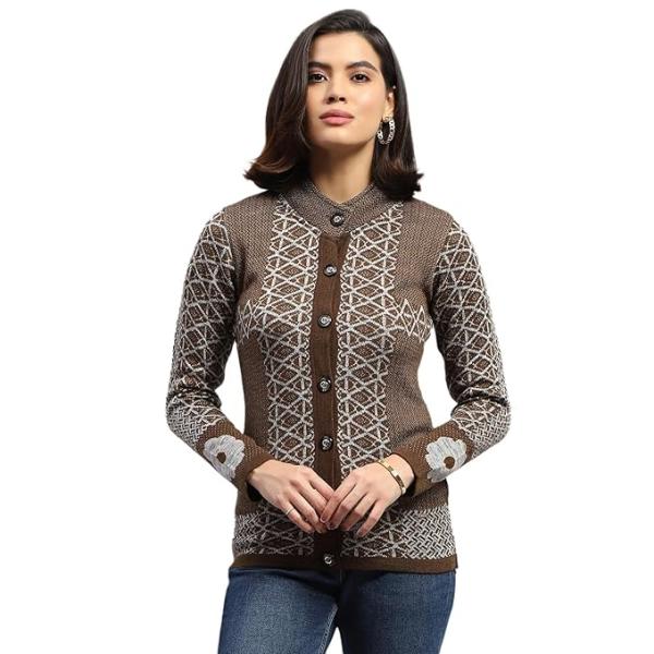 Monte Carlo Womens Self Design Round Neck Full Sleeve Cardigan