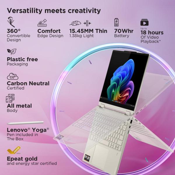 Lenovo Yoga7 2-in-1 AMD Ryzen AI 7 350(24GB RAM/1TB SSD/14 (35.5cm)/WUXGA OLED/50 Tops NPU/Copilot+ PC/Windows 11/Office Home 2024/Yoga Pen/1Yr ADP/Seashell/1.38Kg)