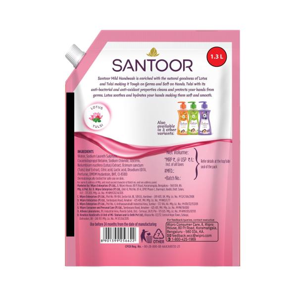 Santoor Mild Gentle Hand Wash 1300ml with Goodness of Lotus & Tulsi| Rich Lathering Formula with Anti-Bacterial Properties|