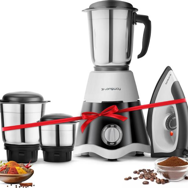 Longway Super Dlx 700 Watt Mixer Grinder with 3 Jars for Grinding, Mixing with Powerful Motor & Kwid 1100 Watt Dry Iron