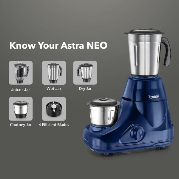 Prestige Astra Neo 750 Watt Mixer Grinder with 4 Jars (3 Stainless Steel + 1 Juicer) | Space-Saving Stacking Design | Super Efficient SS Blades | Blue |2Y Warranty | ISI Certified