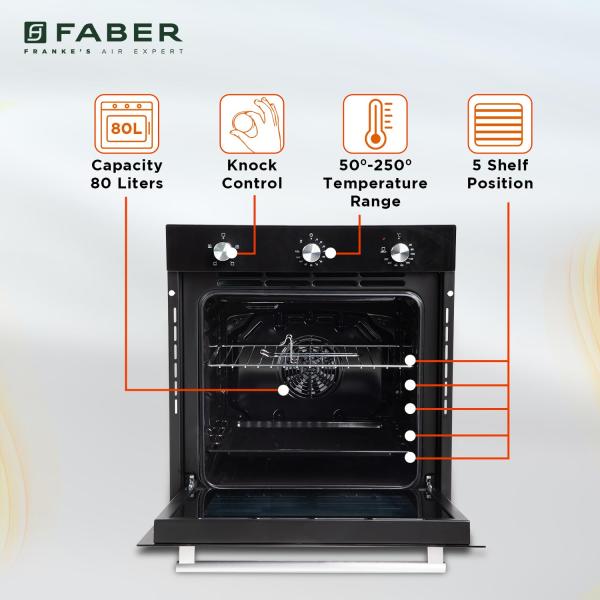 Faber 80L Black Finish Built-In Oven Push/Pull Knob Control with Digital Display 4 Cooking Functions with Grill Rack Universal Pan FBIO 4F BK with 1Yr Comprehensive Warranty