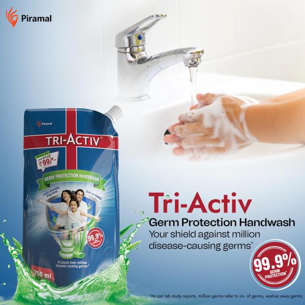 Tri-Activ Liquid Handwash Refill | 750ml x Pack of 3 (2250ml) | Protects From 99.9% Disease Causing Germs