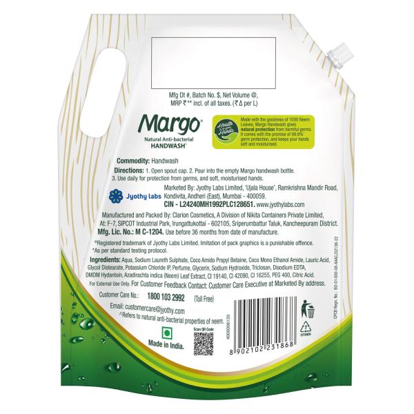 Margo Natural Anti-Bacterial Handwash for Soft, Hydrated hands - 1500ml Refill Pack [ Pack of 1 ]