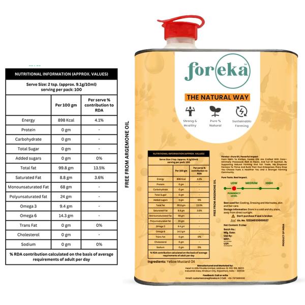 Foreka Cold Pressed Mustard Oil - Unrefined Oil For Cooking - Chemical-free and 100% Natural (5 Litre, Yellow Mustard)