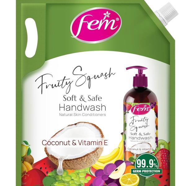 DABUR Fem Fruity Squash Soft & Safe Handwash - 1500Ml | Germ Protection | Enriched With Goodness Of Coconut Milk & Vitamin E | Long Lasting Fragrance
