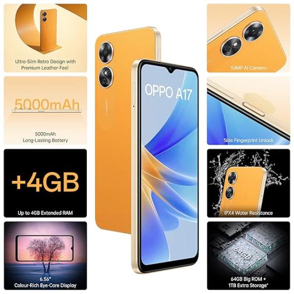 Oppo A17 (Sunlight Orange, 4GB RAM, 64GB Storage)
