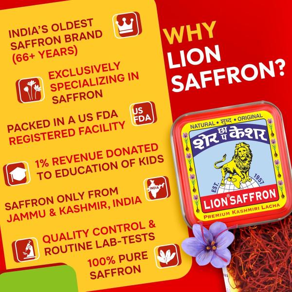 LION BRAND SAFFRON Original Kashmir Lacha Saffron/Kesar/Keshar (Certified Grade A) for Biryani, Beauty, Improved Health and Tilak (Pack of 1 (1gram))