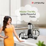 Longway Orion 900 Watt Juicer Mixer Grinder with 4 Jars for Grinding, Mixing, Juicing with Powerful Motor | 1 Year Warranty | (Black, 4 Jars)