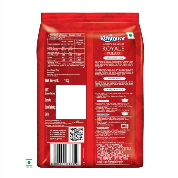 Kohinoor Pulao Basmati Rice, 1 kg | Long-Grain Basmati (Cooked grain up to 18 mm)