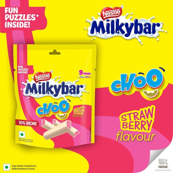 Milkybar Choo Strawberry Flavour Treats, Yummy & Creamy, Pack of 8/9 Mini Treats, Fun Puzzle Inside, 80g / 99g Pack (Product Weight May Vary)