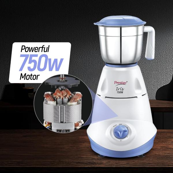 Prestige Iris 750 Watt Mixer Grinder with 3 Stainless Steel Jar + 1 Juicer Jar (White and Blue)