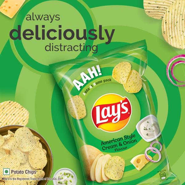 Lay's Potato Chips (40g + 8g Extra) +4.9g = 52.9 Gram, American Style Cream & Onion Flavour, Crunchy Chips & Snacks (Weight May Vary)