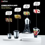 ACTIVA ABS Super Chef 900 Watts Powerful Motor Mixer Grinder for Chutney, Juice and Shakes With 4 Jars, Fast Grinding for Wet & Dry Ingridients, Stainless Blade, 2 Years Warranty - Black